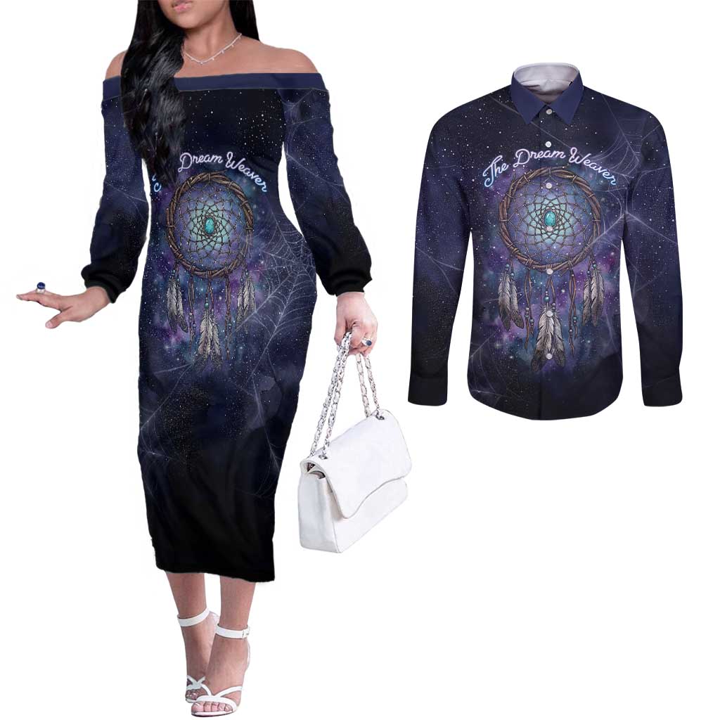 Dreamcatcher Native American Couples Matching Off The Shoulder Long Sleeve Dress and Long Sleeve Button Shirt Feathers and Starry Night Sky The Dream Weaver Theme - Wonder Print Shop