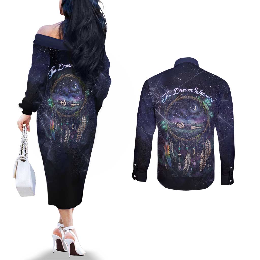 Dreamcatcher Native American Couples Matching Off The Shoulder Long Sleeve Dress and Long Sleeve Button Shirt Feathers and Starry Night Sky The Dream Weaver Theme - Wonder Print Shop
