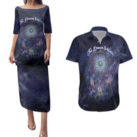 Dreamcatcher Native American Couples Matching Puletasi and Hawaiian Shirt Feathers and Starry Night Sky The Dream Weaver Theme - Wonder Print Shop