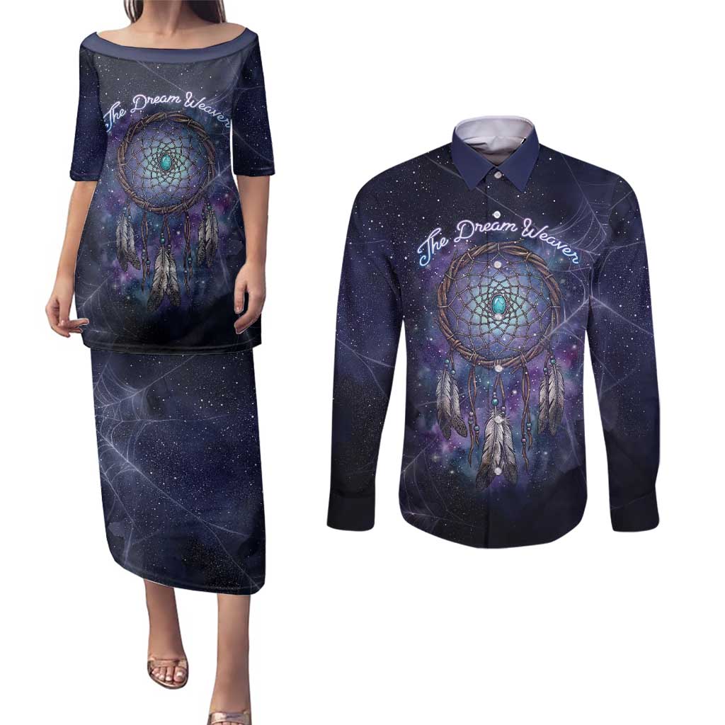 Dreamcatcher Native American Couples Matching Puletasi and Long Sleeve Button Shirt Feathers and Starry Night Sky The Dream Weaver Theme - Wonder Print Shop