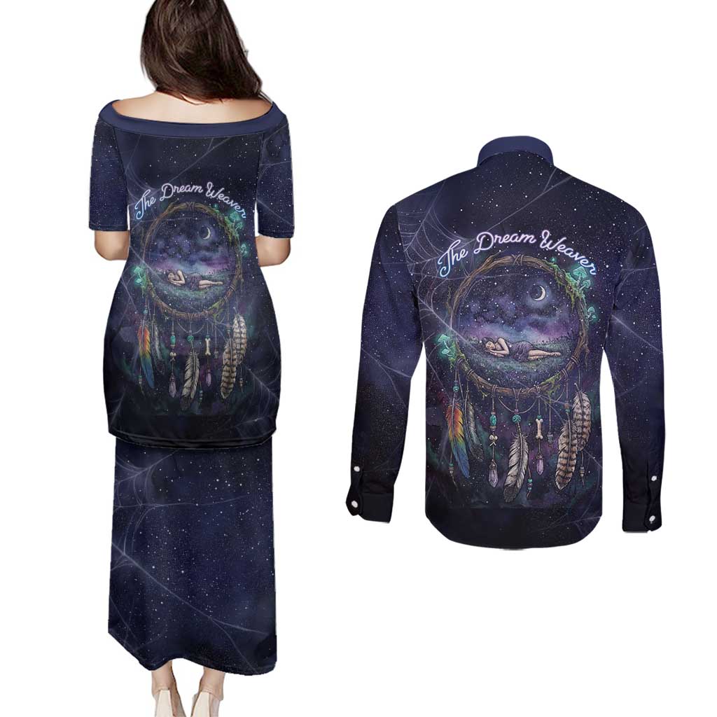 Dreamcatcher Native American Couples Matching Puletasi and Long Sleeve Button Shirt Feathers and Starry Night Sky The Dream Weaver Theme - Wonder Print Shop