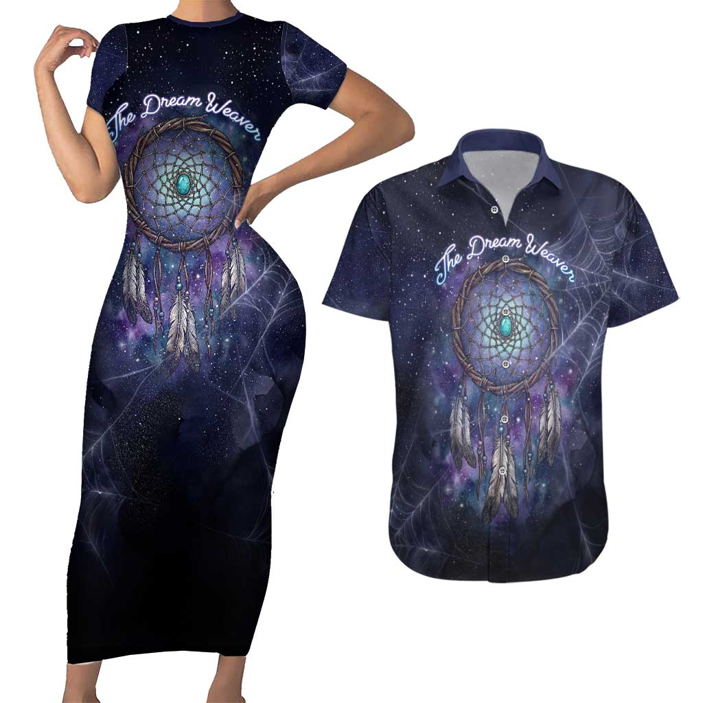 Dreamcatcher Native American Couples Matching Short Sleeve Bodycon Dress and Hawaiian Shirt Feathers and Starry Night Sky The Dream Weaver Theme - Wonder Print Shop