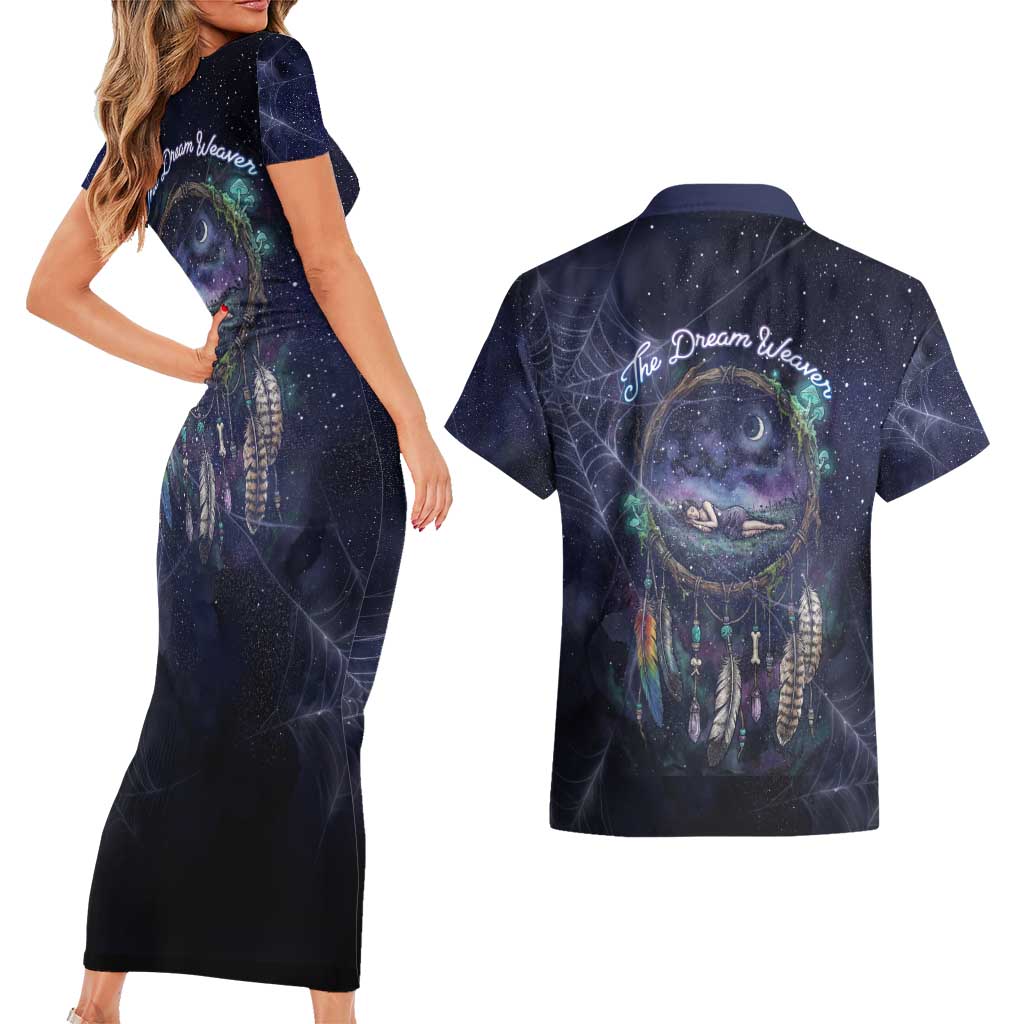 Dreamcatcher Native American Couples Matching Short Sleeve Bodycon Dress and Hawaiian Shirt Feathers and Starry Night Sky The Dream Weaver Theme - Wonder Print Shop