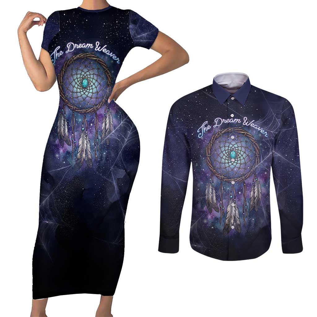 Dreamcatcher Native American Couples Matching Short Sleeve Bodycon Dress and Long Sleeve Button Shirt Feathers and Starry Night Sky The Dream Weaver Theme - Wonder Print Shop