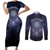 Dreamcatcher Native American Couples Matching Short Sleeve Bodycon Dress and Long Sleeve Button Shirt Feathers and Starry Night Sky The Dream Weaver Theme - Wonder Print Shop
