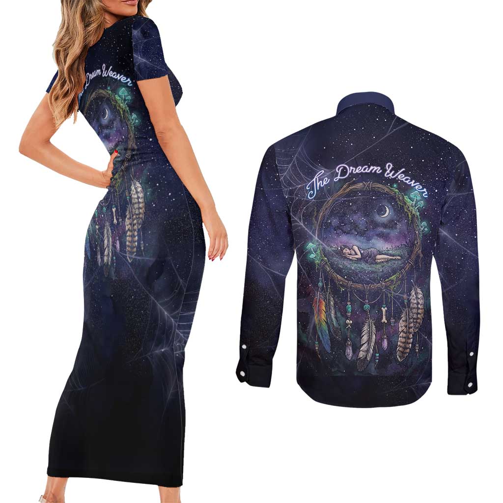 Dreamcatcher Native American Couples Matching Short Sleeve Bodycon Dress and Long Sleeve Button Shirt Feathers and Starry Night Sky The Dream Weaver Theme - Wonder Print Shop
