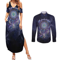 Dreamcatcher Native American Couples Matching Summer Maxi Dress and Long Sleeve Button Shirt Feathers and Starry Night Sky The Dream Weaver Theme - Wonder Print Shop