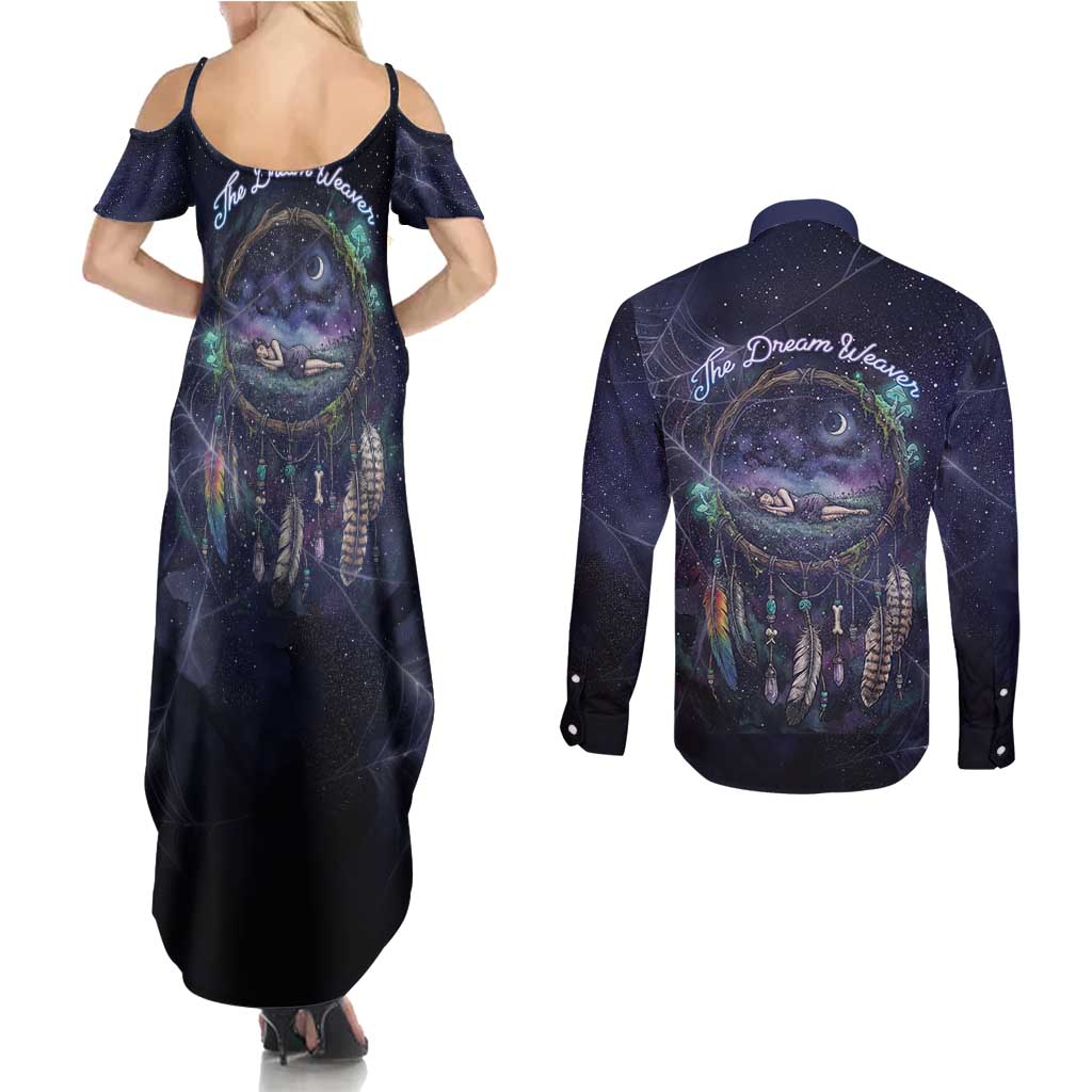 Dreamcatcher Native American Couples Matching Summer Maxi Dress and Long Sleeve Button Shirt Feathers and Starry Night Sky The Dream Weaver Theme - Wonder Print Shop
