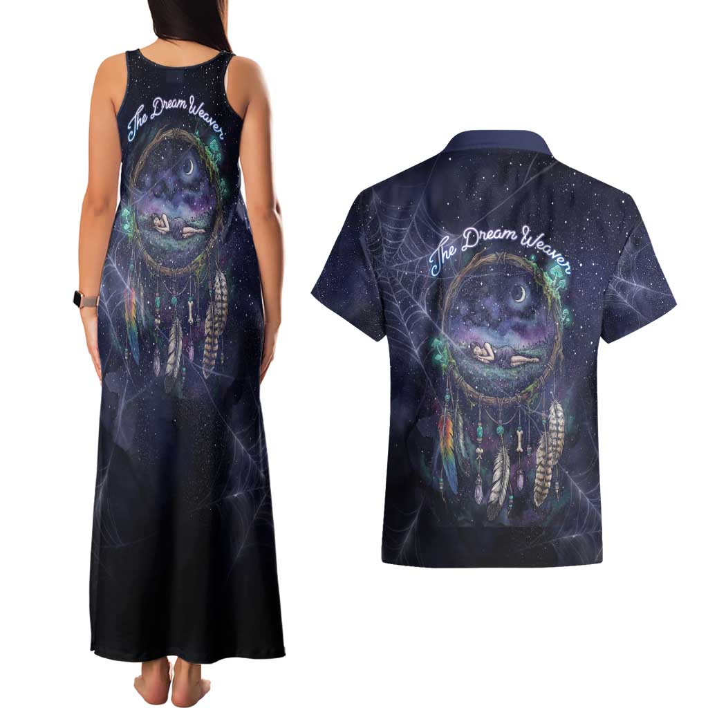Dreamcatcher Native American Couples Matching Tank Maxi Dress and Hawaiian Shirt Feathers and Starry Night Sky The Dream Weaver Theme - Wonder Print Shop