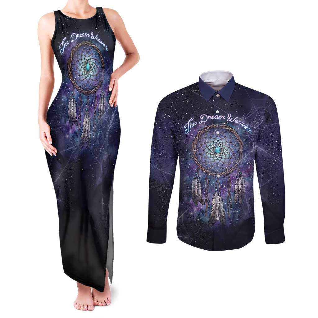 Dreamcatcher Native American Couples Matching Tank Maxi Dress and Long Sleeve Button Shirt Feathers and Starry Night Sky The Dream Weaver Theme - Wonder Print Shop