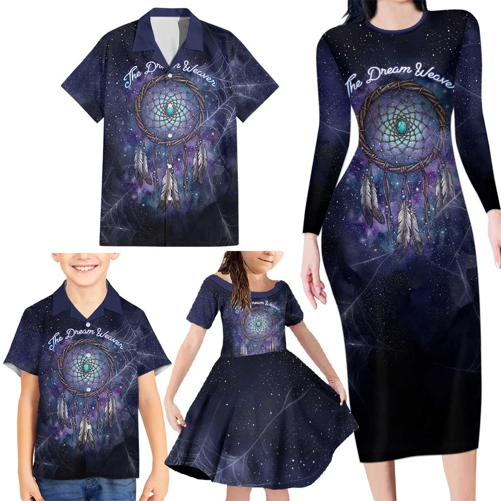 Dreamcatcher Native American Family Matching Long Sleeve Bodycon Dress and Hawaiian Shirt Feathers and Starry Night Sky The Dream Weaver Theme - Wonder Print Shop