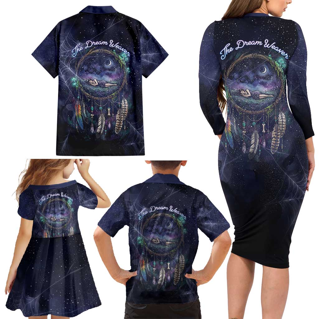 Dreamcatcher Native American Family Matching Long Sleeve Bodycon Dress and Hawaiian Shirt Feathers and Starry Night Sky The Dream Weaver Theme - Wonder Print Shop