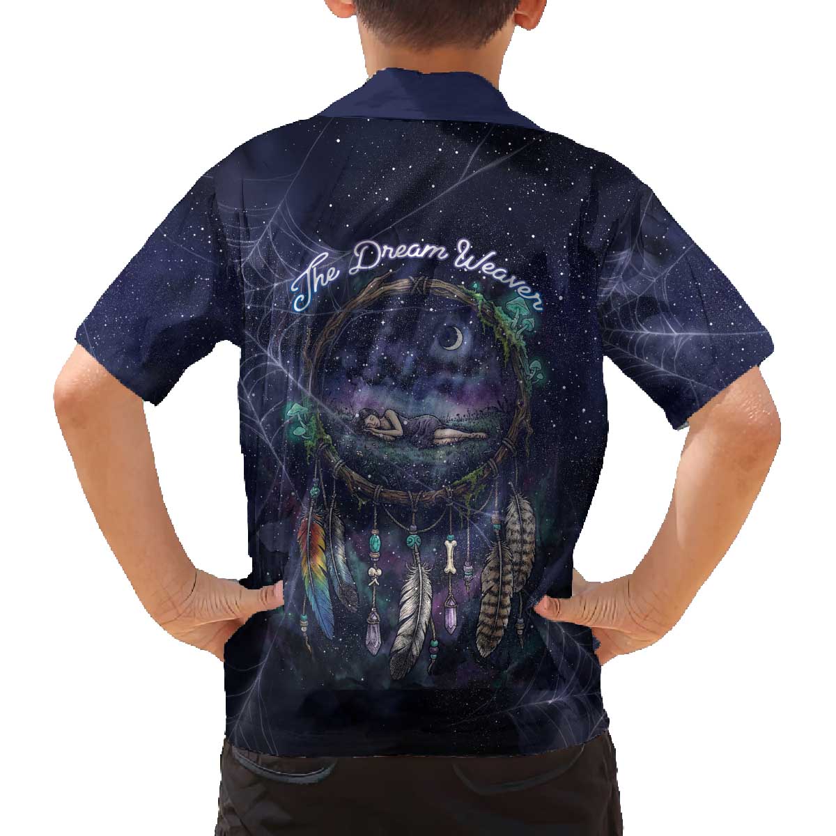 Dreamcatcher Native American Family Matching Off The Shoulder Long Sleeve Dress and Hawaiian Shirt Feathers and Starry Night Sky The Dream Weaver Theme - Wonder Print Shop