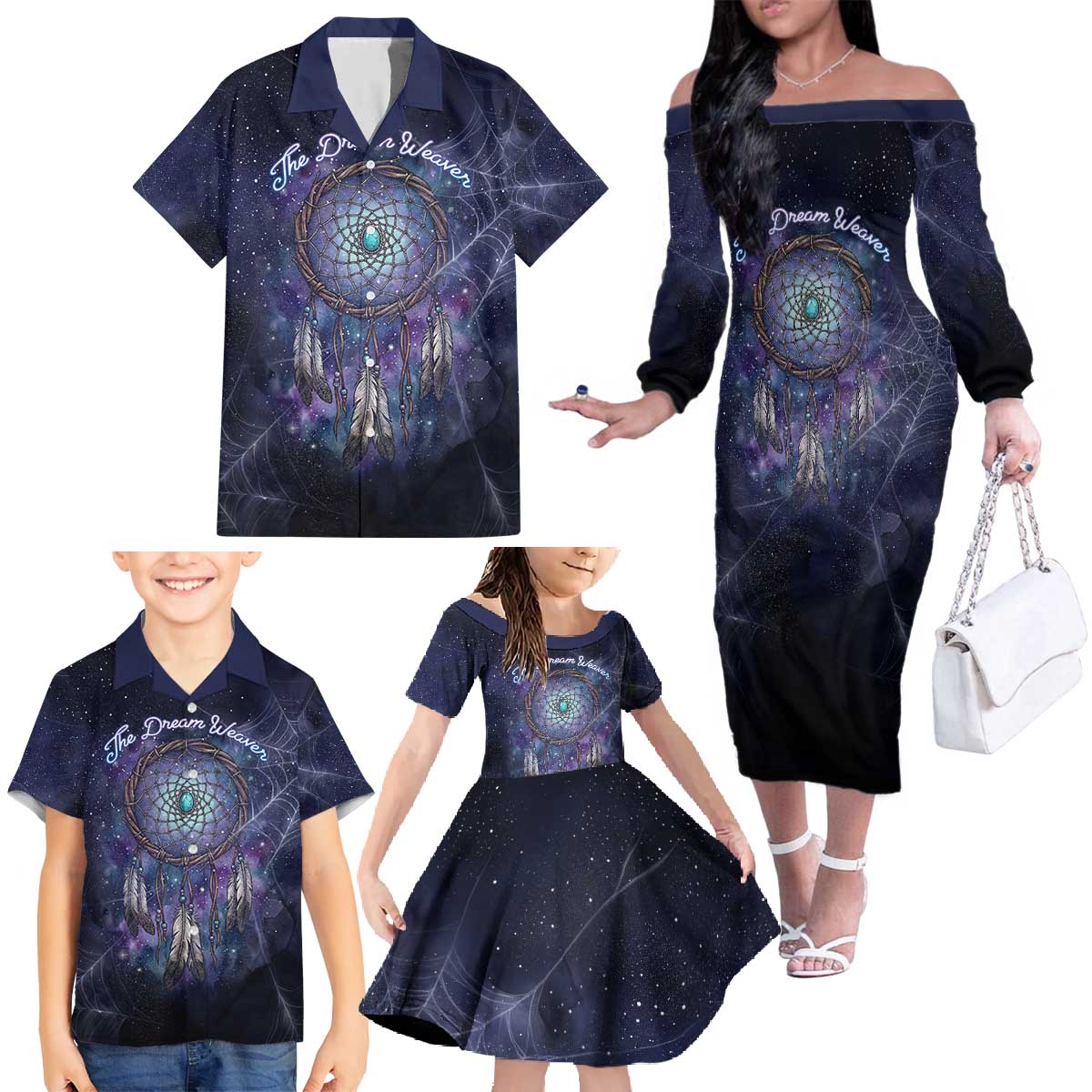 Dreamcatcher Native American Family Matching Off The Shoulder Long Sleeve Dress and Hawaiian Shirt Feathers and Starry Night Sky The Dream Weaver Theme - Wonder Print Shop
