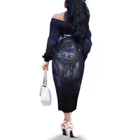 Dreamcatcher Native American Family Matching Off The Shoulder Long Sleeve Dress and Hawaiian Shirt Feathers and Starry Night Sky The Dream Weaver Theme - Wonder Print Shop