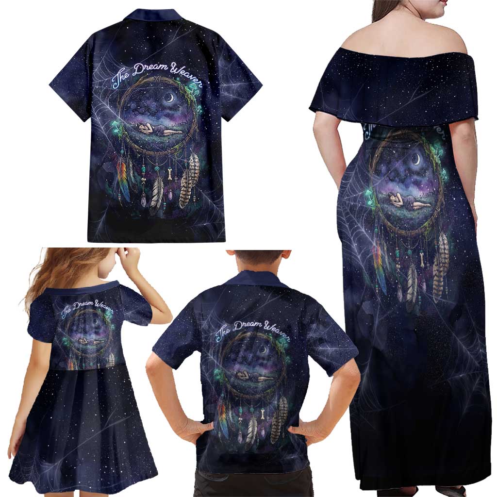 Dreamcatcher Native American Family Matching Off Shoulder Maxi Dress and Hawaiian Shirt Feathers and Starry Night Sky The Dream Weaver Theme - Wonder Print Shop