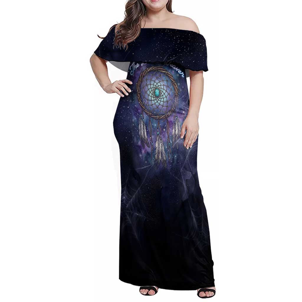 Dreamcatcher Native American Family Matching Off Shoulder Maxi Dress and Hawaiian Shirt Feathers and Starry Night Sky The Dream Weaver Theme - Wonder Print Shop