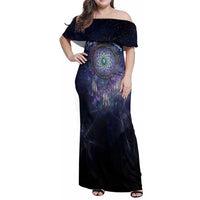 Dreamcatcher Native American Family Matching Off Shoulder Maxi Dress and Hawaiian Shirt Feathers and Starry Night Sky The Dream Weaver Theme - Wonder Print Shop