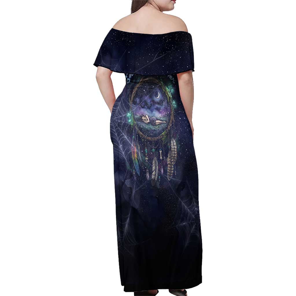 Dreamcatcher Native American Family Matching Off Shoulder Maxi Dress and Hawaiian Shirt Feathers and Starry Night Sky The Dream Weaver Theme - Wonder Print Shop