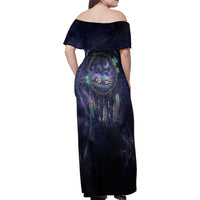 Dreamcatcher Native American Family Matching Off Shoulder Maxi Dress and Hawaiian Shirt Feathers and Starry Night Sky The Dream Weaver Theme - Wonder Print Shop