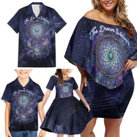 Dreamcatcher Native American Family Matching Off Shoulder Short Dress and Hawaiian Shirt Feathers and Starry Night Sky The Dream Weaver Theme - Wonder Print Shop