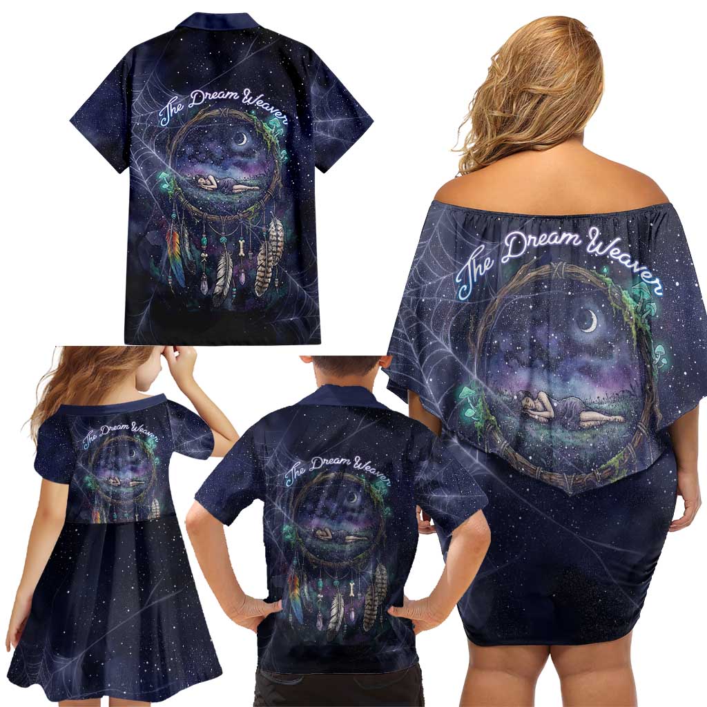 Dreamcatcher Native American Family Matching Off Shoulder Short Dress and Hawaiian Shirt Feathers and Starry Night Sky The Dream Weaver Theme - Wonder Print Shop