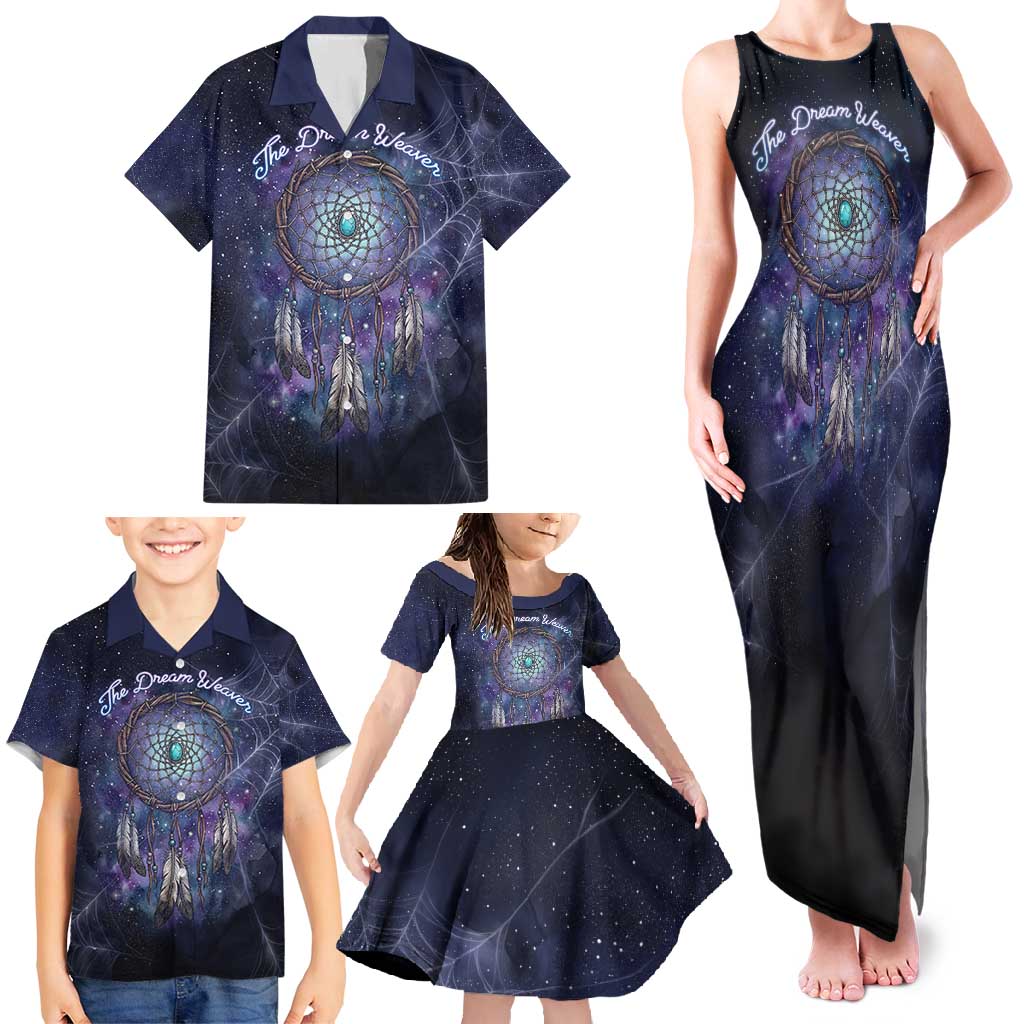 Dreamcatcher Native American Family Matching Tank Maxi Dress and Hawaiian Shirt Feathers and Starry Night Sky The Dream Weaver Theme - Wonder Print Shop