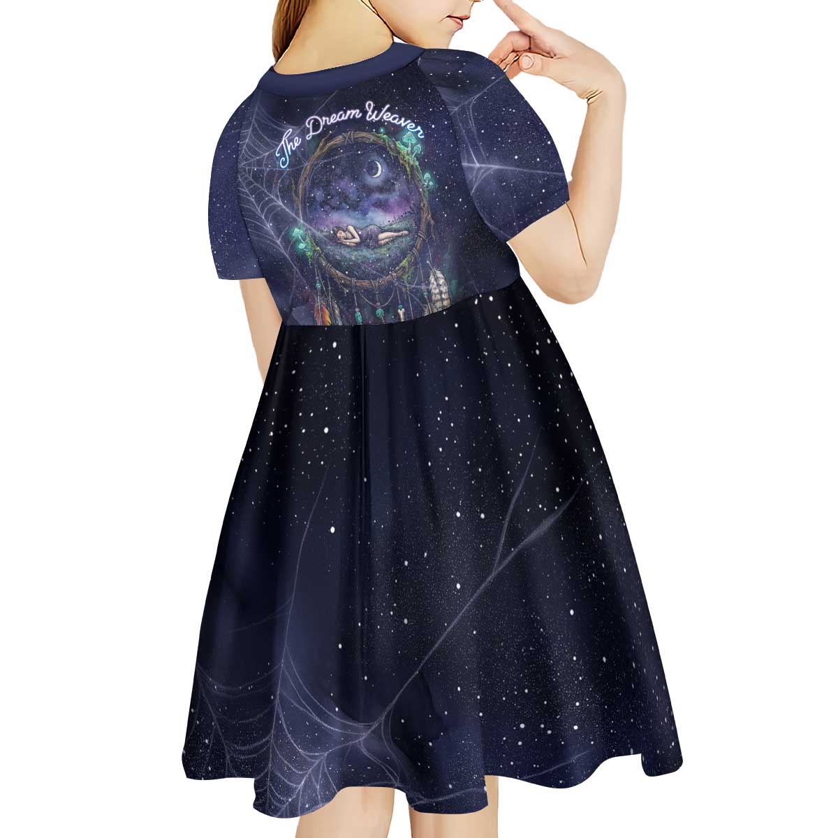 Dreamcatcher Native American Kid Short Sleeve Dress Feathers and Starry Night Sky The Dream Weaver Theme - Wonder Print Shop