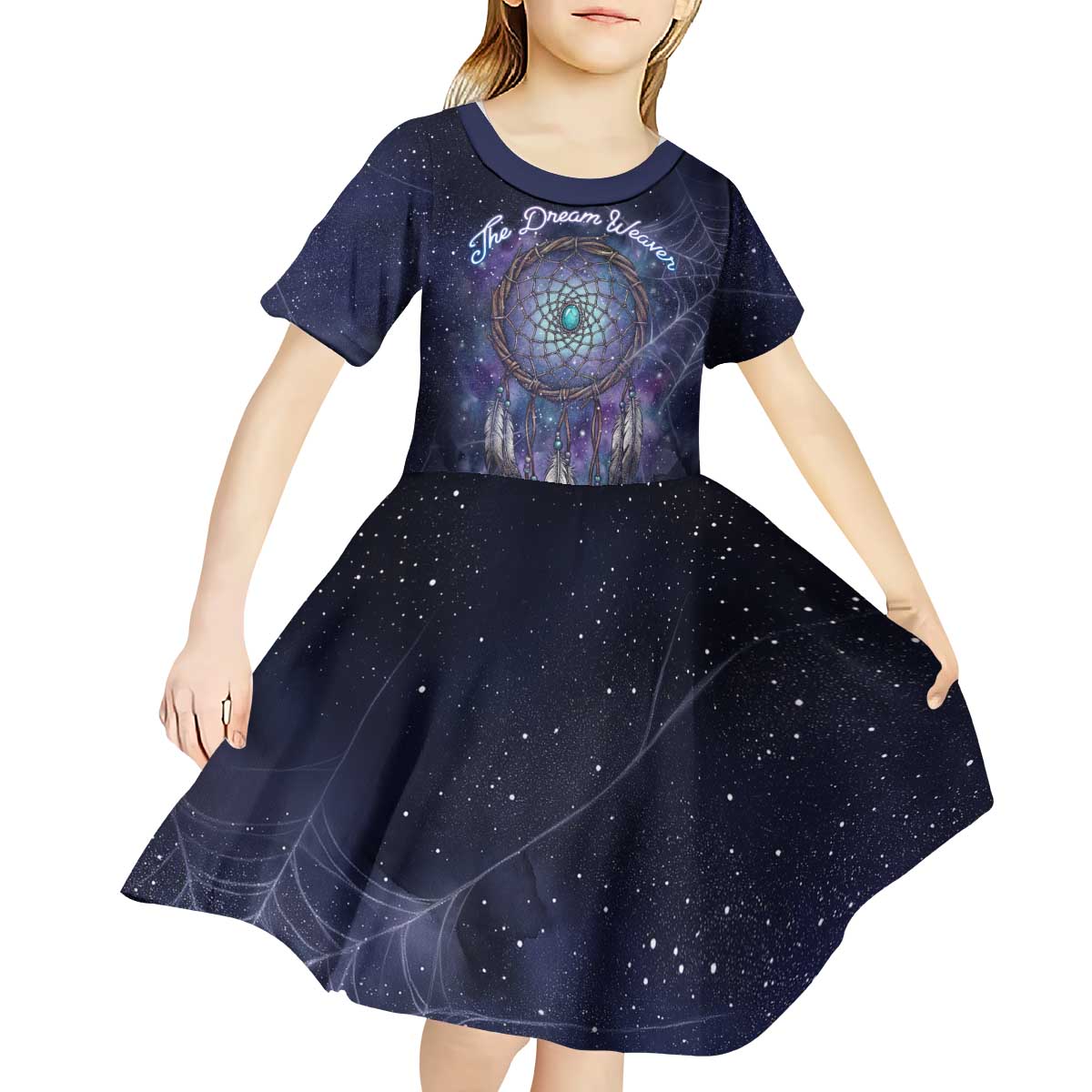 Dreamcatcher Native American Kid Short Sleeve Dress Feathers and Starry Night Sky The Dream Weaver Theme - Wonder Print Shop
