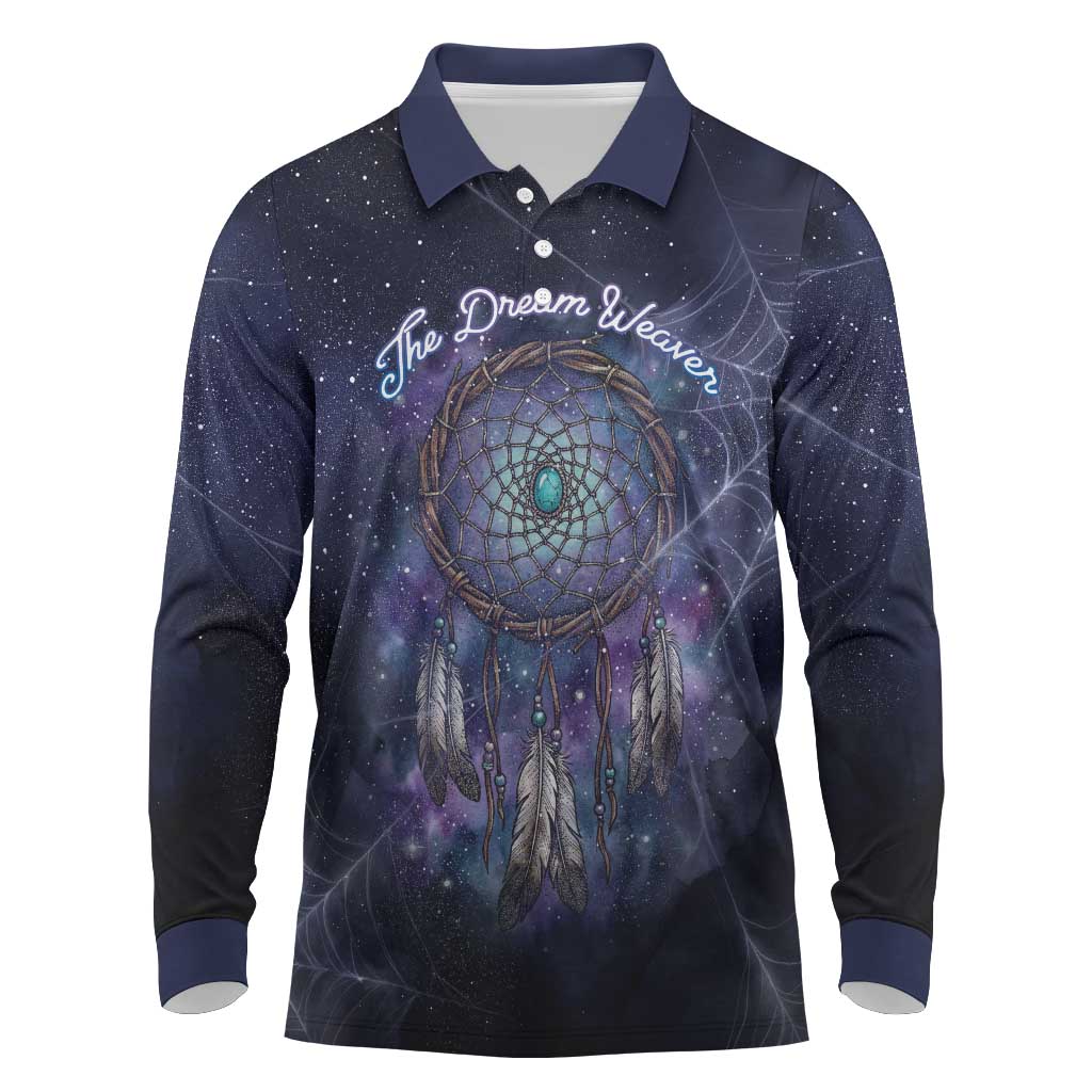Dreamcatcher Native American Long Sleeve Polo Shirt Feathers and Starry Night Sky The Dream Weaver Theme - Wonder Print Shop