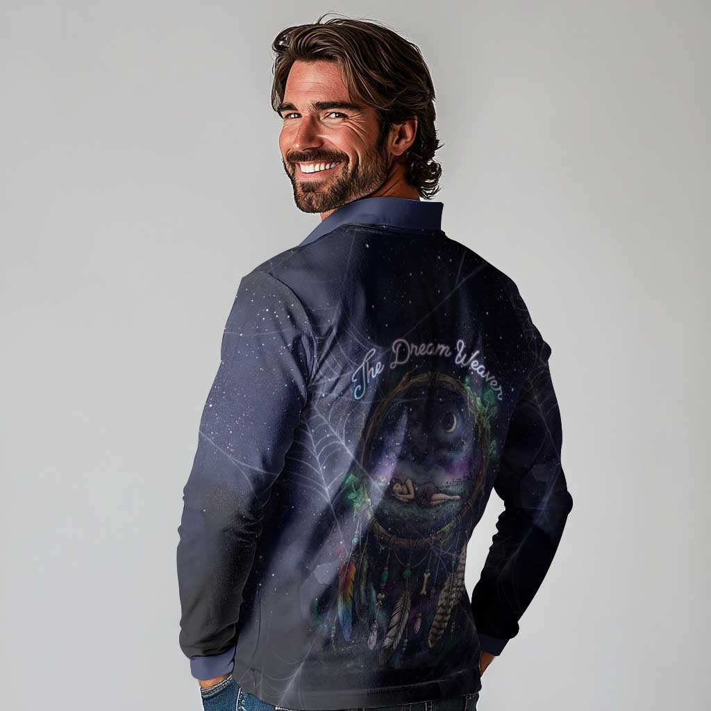 Dreamcatcher Native American Long Sleeve Polo Shirt Feathers and Starry Night Sky The Dream Weaver Theme - Wonder Print Shop