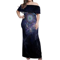 Dreamcatcher Native American Off Shoulder Maxi Dress Feathers and Starry Night Sky The Dream Weaver Theme - Wonder Print Shop