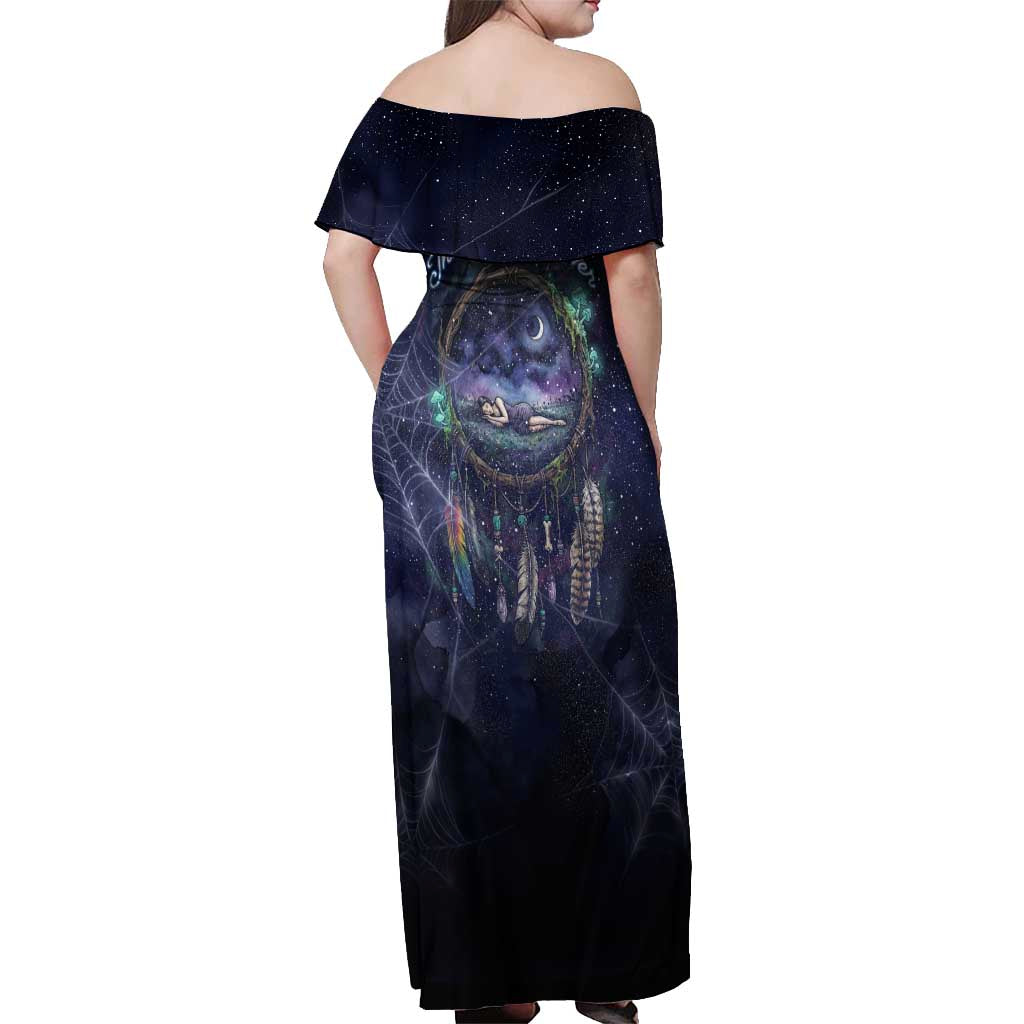 Dreamcatcher Native American Off Shoulder Maxi Dress Feathers and Starry Night Sky The Dream Weaver Theme - Wonder Print Shop