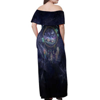 Dreamcatcher Native American Off Shoulder Maxi Dress Feathers and Starry Night Sky The Dream Weaver Theme - Wonder Print Shop