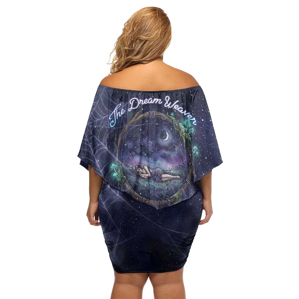 Dreamcatcher Native American Off Shoulder Short Dress Feathers and Starry Night Sky The Dream Weaver Theme - Wonder Print Shop