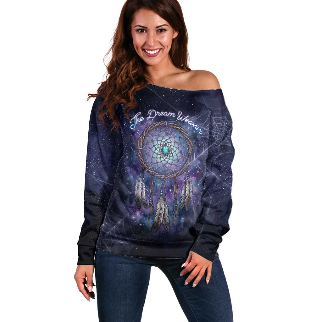 Dreamcatcher Native American Off Shoulder Sweater Feathers and Starry Night Sky The Dream Weaver Theme - Wonder Print Shop