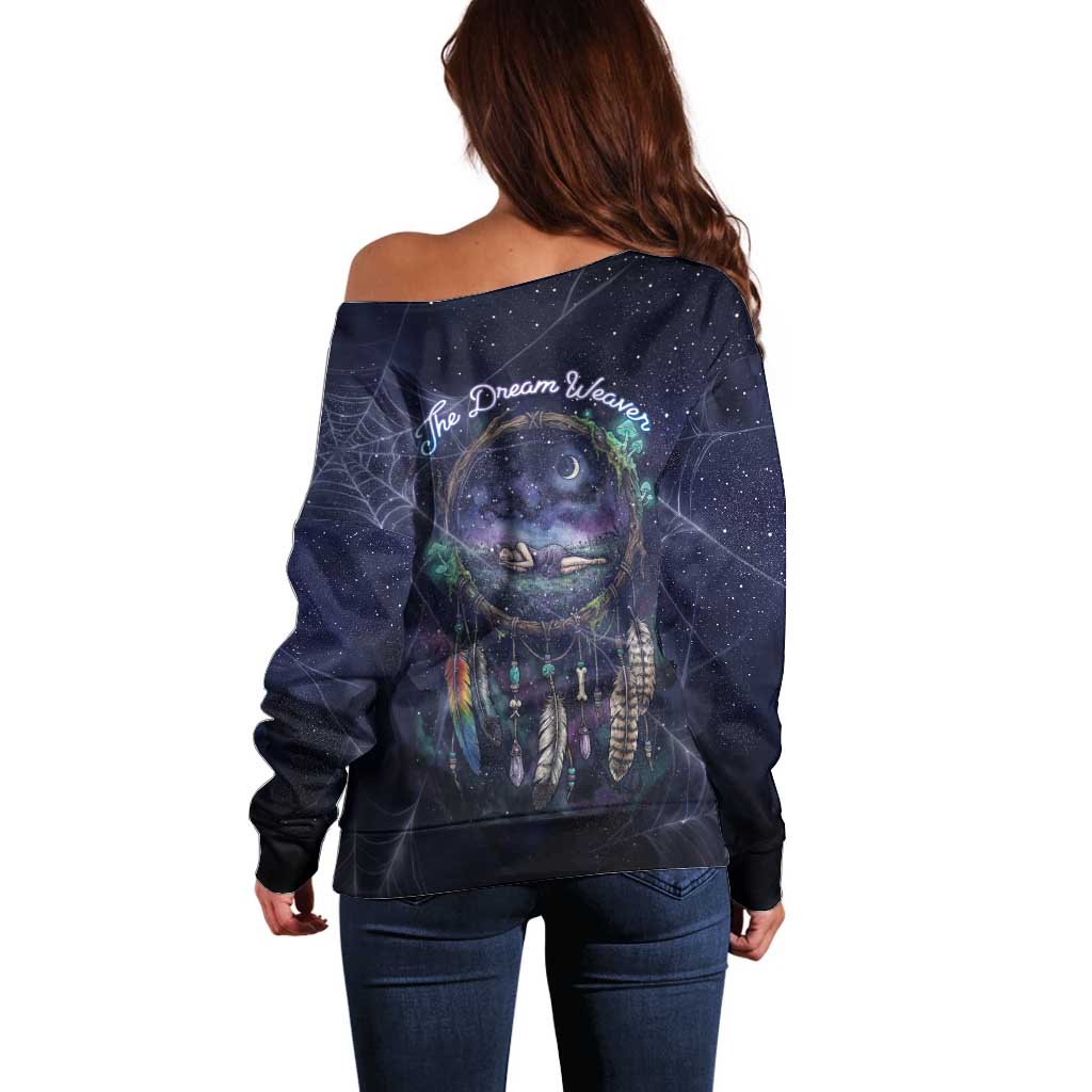 Dreamcatcher Native American Off Shoulder Sweater Feathers and Starry Night Sky The Dream Weaver Theme - Wonder Print Shop