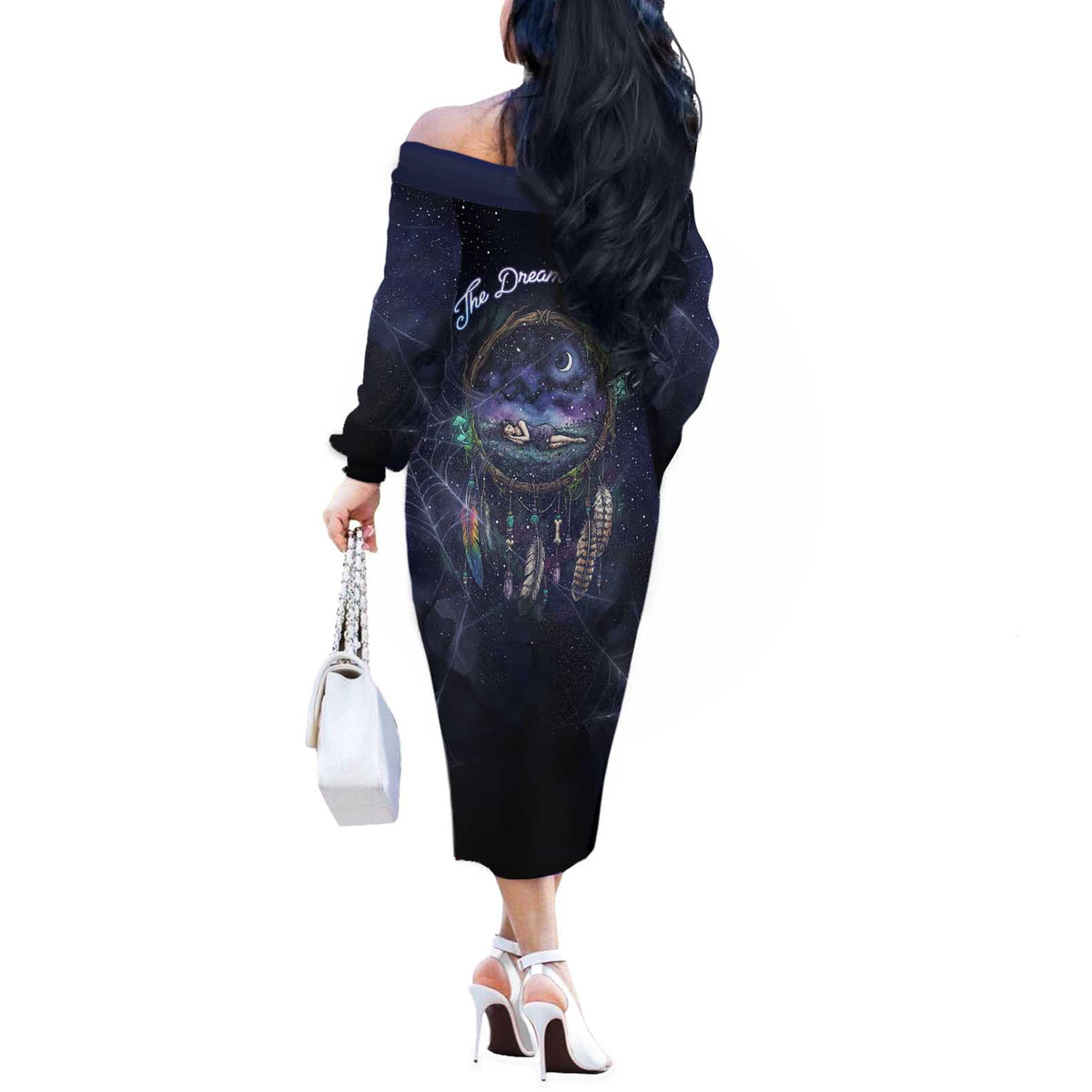 Dreamcatcher Native American Off The Shoulder Long Sleeve Dress Feathers and Starry Night Sky The Dream Weaver Theme - Wonder Print Shop