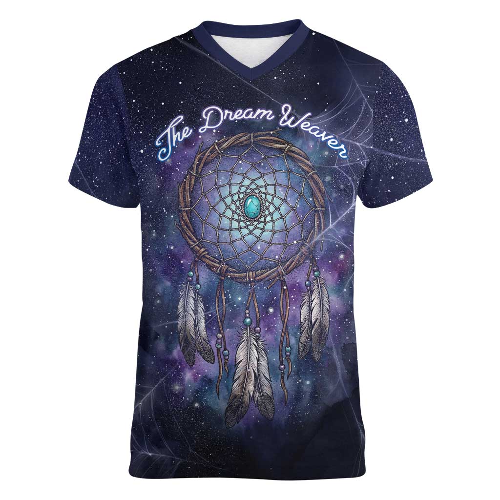 Dreamcatcher Native American Women V-Neck T-Shirt Feathers and Starry Night Sky The Dream Weaver Theme - Wonder Print Shop