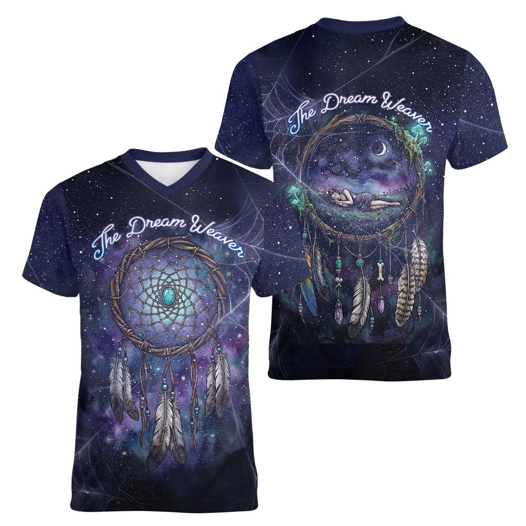 Dreamcatcher Native American Women V-Neck T-Shirt Feathers and Starry Night Sky The Dream Weaver Theme - Wonder Print Shop