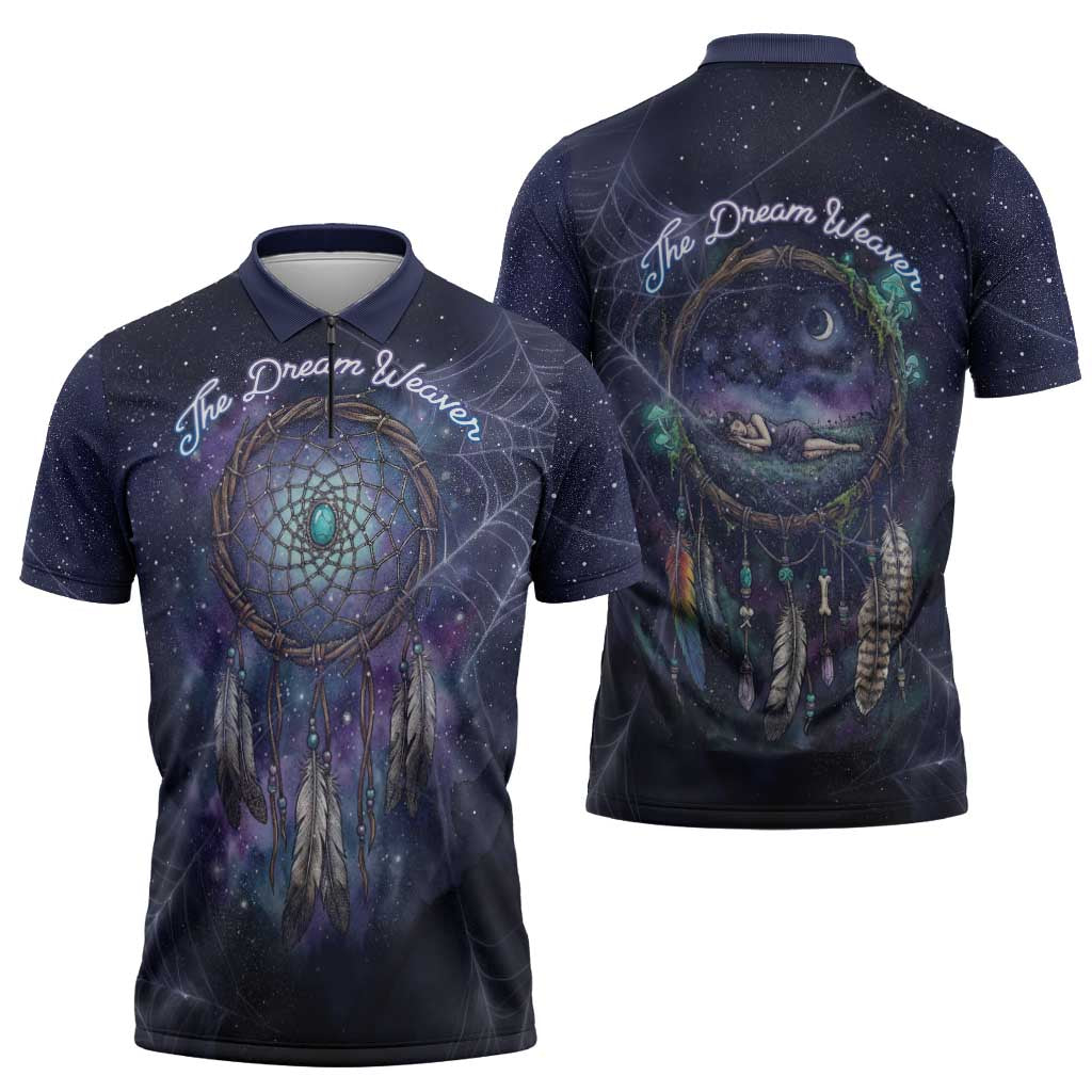 Dreamcatcher Native American Zipper Polo Shirt Feathers and Starry Night Sky The Dream Weaver Theme - Wonder Print Shop
