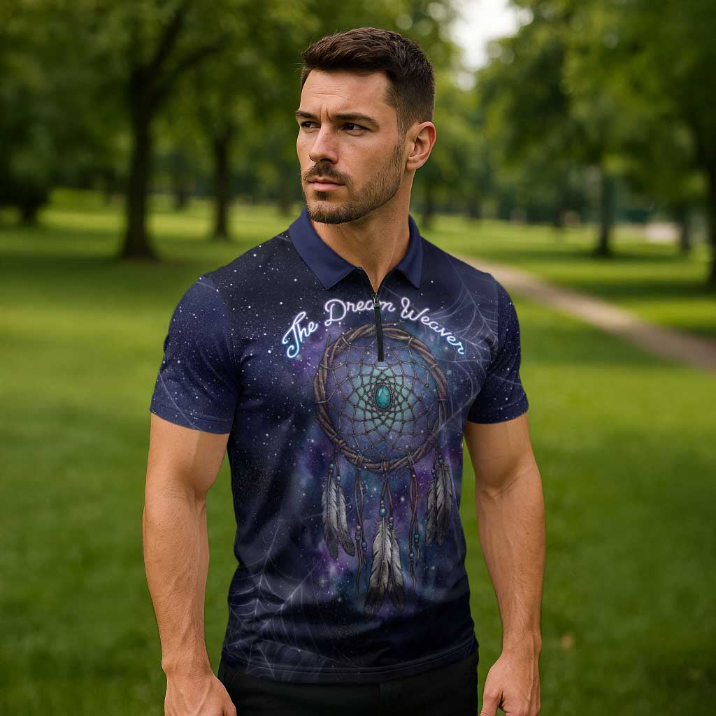 Dreamcatcher Native American Zipper Polo Shirt Feathers and Starry Night Sky The Dream Weaver Theme - Wonder Print Shop
