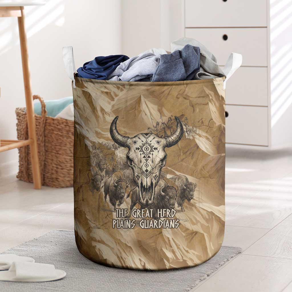 Buffalo Skull Native American Laundry Basket Tribal Symbols and Mountain Scene Great Herd and Plains Guardians - Wonder Print Shop