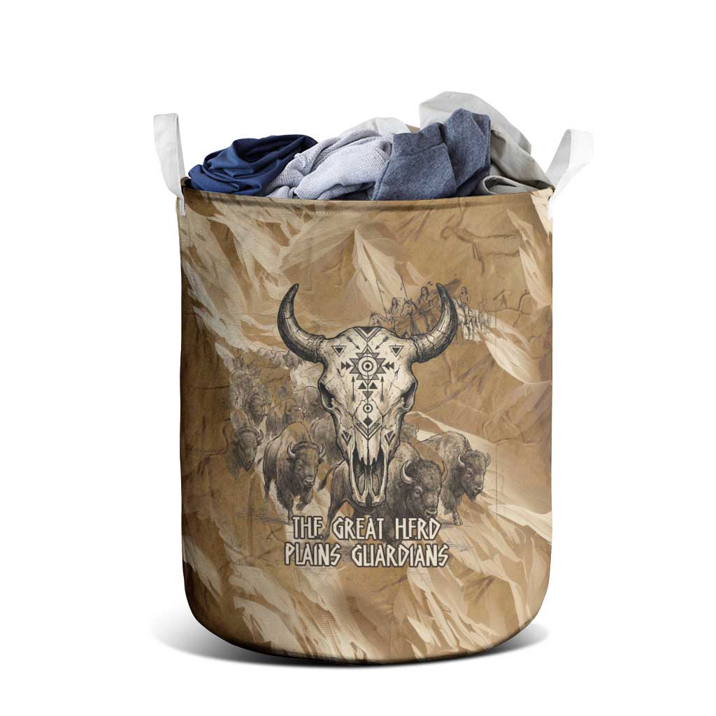 Buffalo Skull Native American Laundry Basket Tribal Symbols and Mountain Scene Great Herd and Plains Guardians - Wonder Print Shop