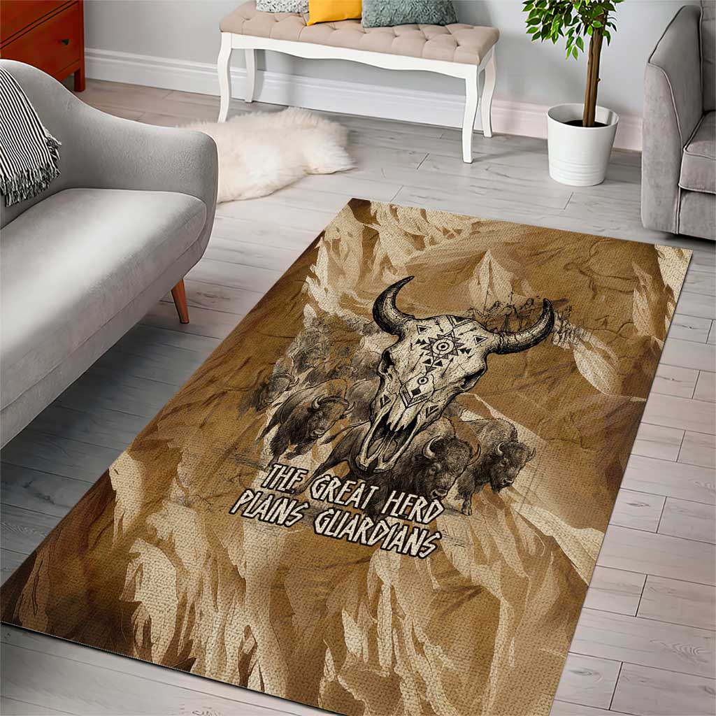 Buffalo Skull Native American Area Rug Tribal Symbols and Mountain Scene Great Herd and Plains Guardians - Wonder Print Shop