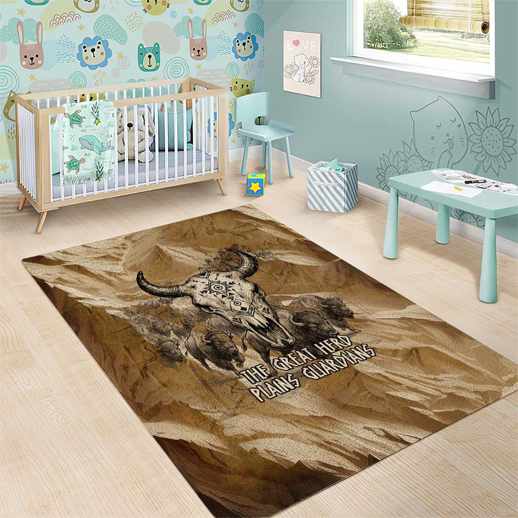 Buffalo Skull Native American Area Rug Tribal Symbols and Mountain Scene Great Herd and Plains Guardians - Wonder Print Shop