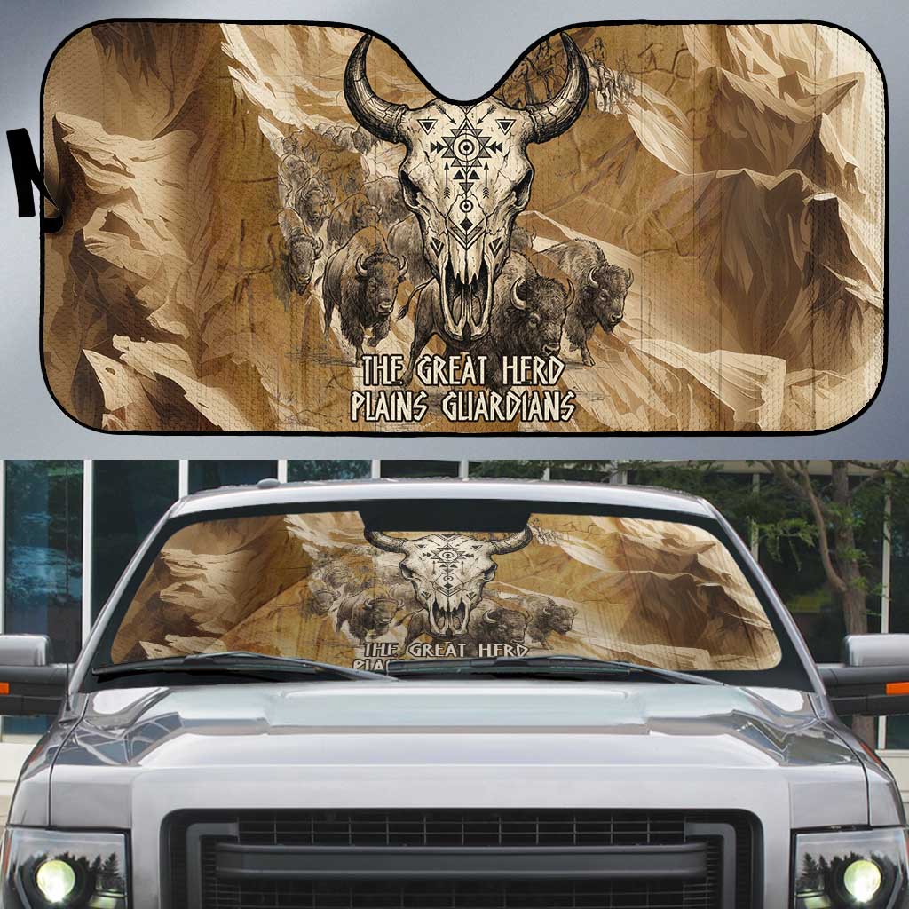 Buffalo Skull Native American Auto Sun Shade Tribal Symbols and Mountain Scene Great Herd and Plains Guardians - Wonder Print Shop
