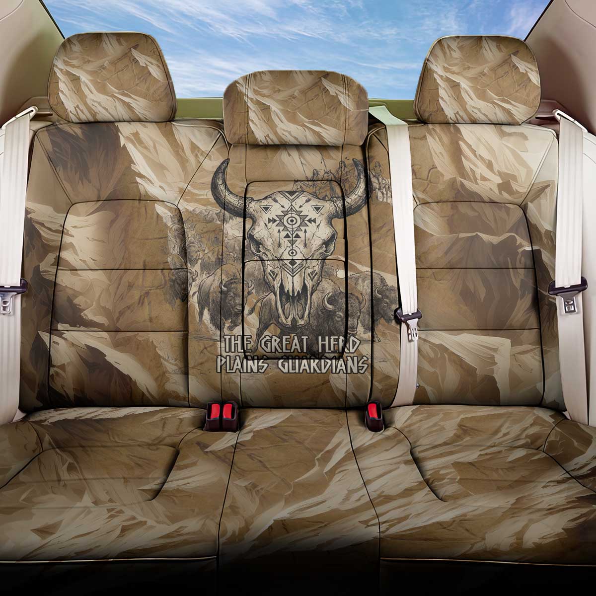 Buffalo Skull Native American Back Car Seat Cover Tribal Symbols and Mountain Scene Great Herd and Plains Guardians - Wonder Print Shop