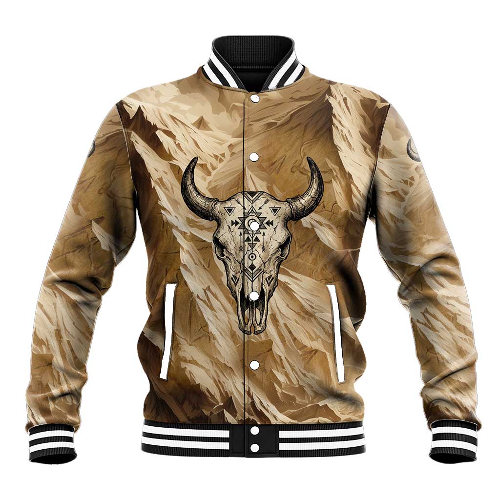 Buffalo Skull Native American Baseball Jacket Tribal Symbols and Mountain Scene Great Herd and Plains Guardians - Wonder Print Shop