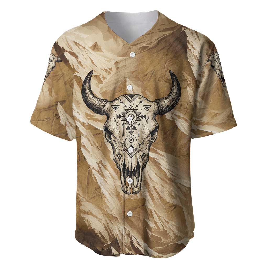 Buffalo Skull Native American Baseball Jersey Tribal Symbols and Mountain Scene Great Herd and Plains Guardians - Wonder Print Shop